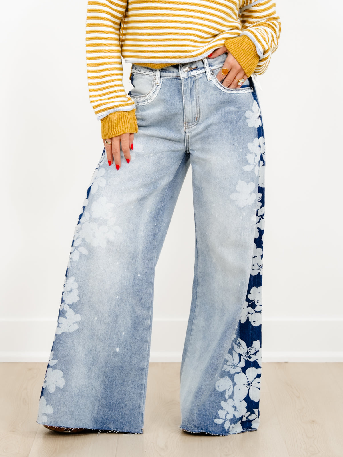 Light Wash High Waist Wide Leg Jeans with Floral Detail - Freckled Poppy