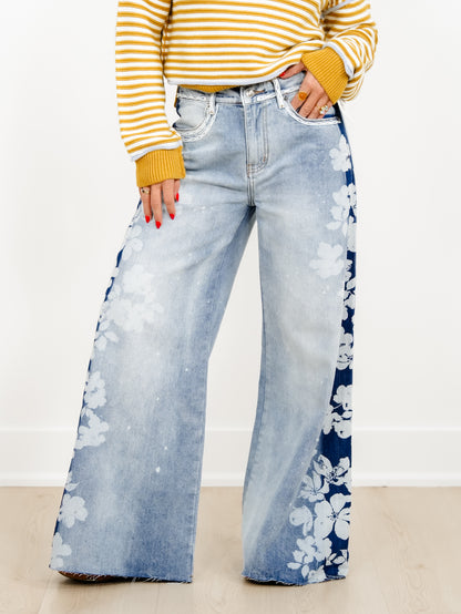 Light Wash High Waist Wide Leg Jeans with Floral Detail - Freckled Poppy