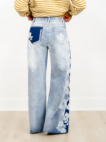 Light Wash High Waist Wide Leg Jeans with Floral Detail - Freckled Poppy