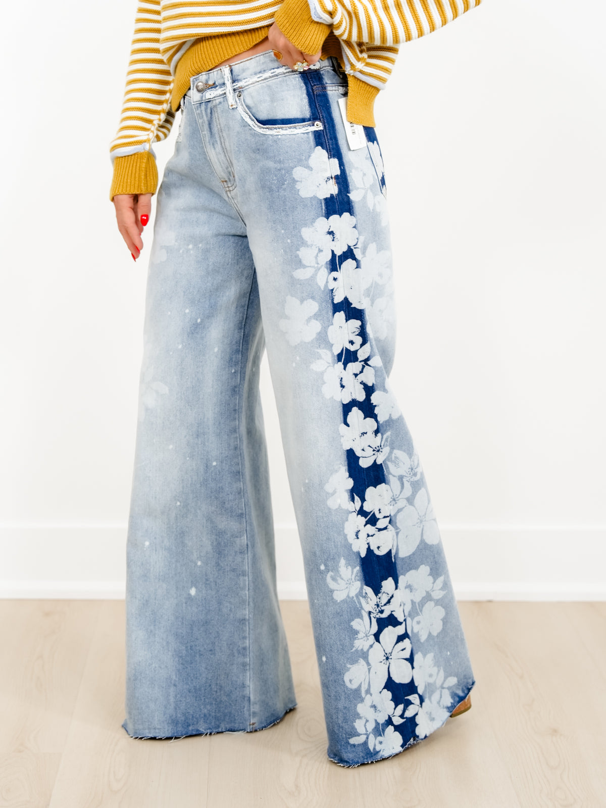 Light Wash High Waist Wide Leg Jeans with Floral Detail - Freckled Poppy