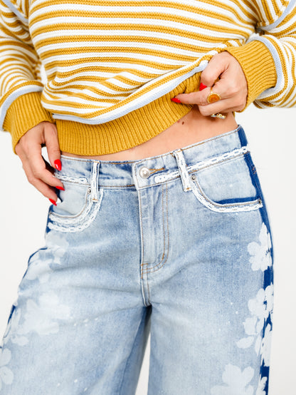 Light Wash High Waist Wide Leg Jeans with Floral Detail - Freckled Poppy