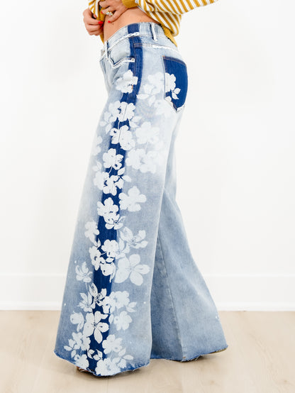 Light Wash High Waist Wide Leg Jeans with Floral Detail - Freckled Poppy