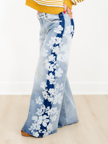 Light Wash High Waist Wide Leg Jeans with Floral Detail - Freckled Poppy