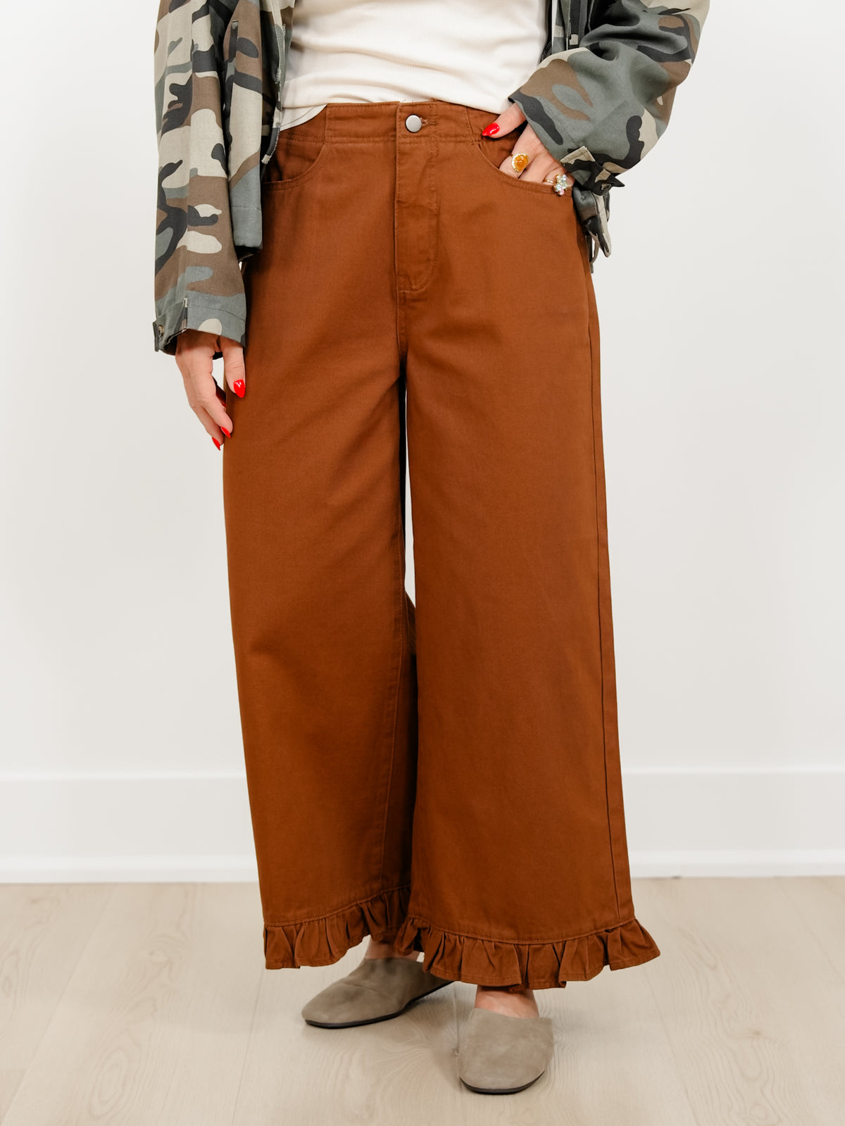 High Waist Wide Crop Leg Pants with Ruffle Hem