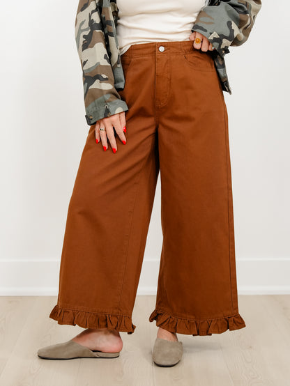 High Waist Wide Crop Leg Pants with Ruffle Hem
