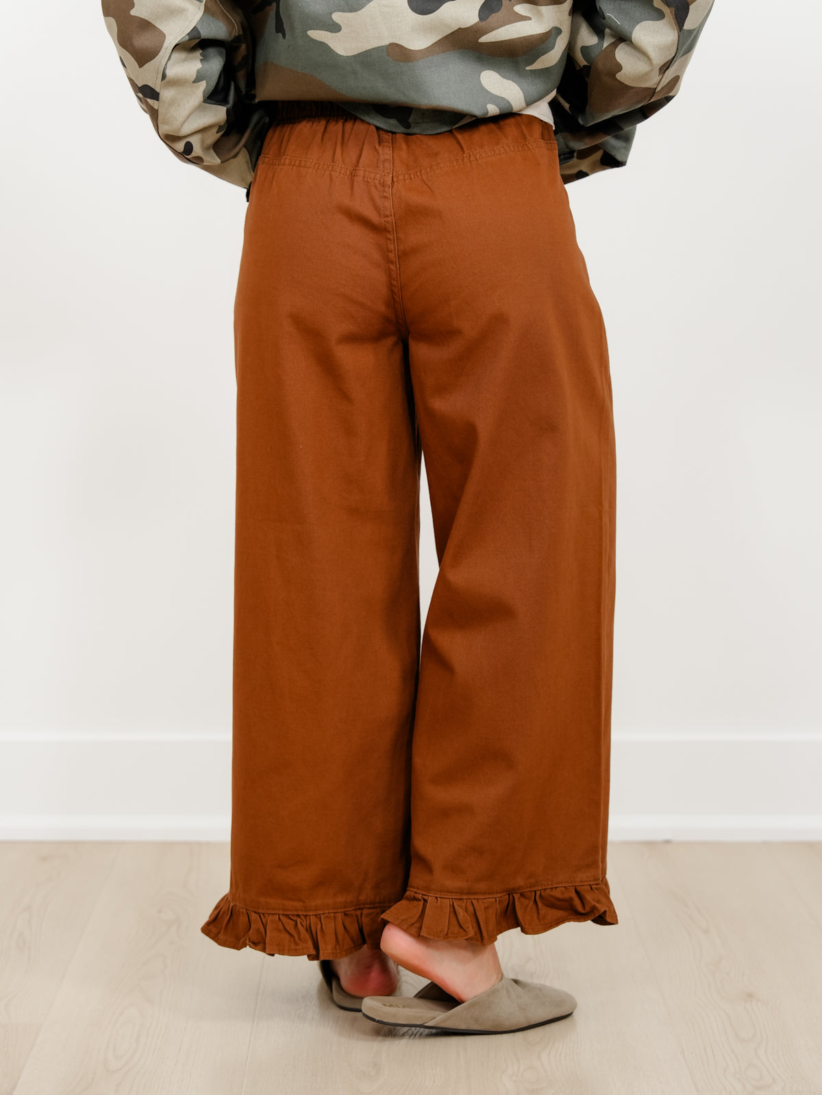 High Waist Wide Crop Leg Pants with Ruffle Hem