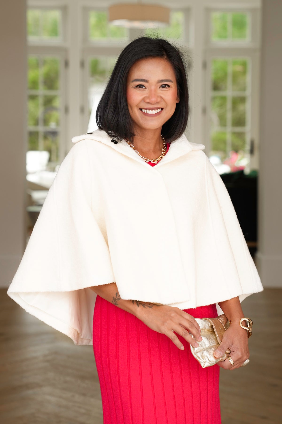Plus/Reg Sleeveless Snap Button Cape - Freckled Poppy