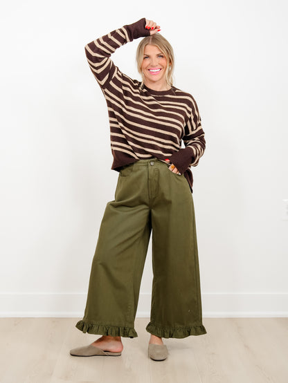 High Waist Wide Crop Leg Pants with Ruffle Hem