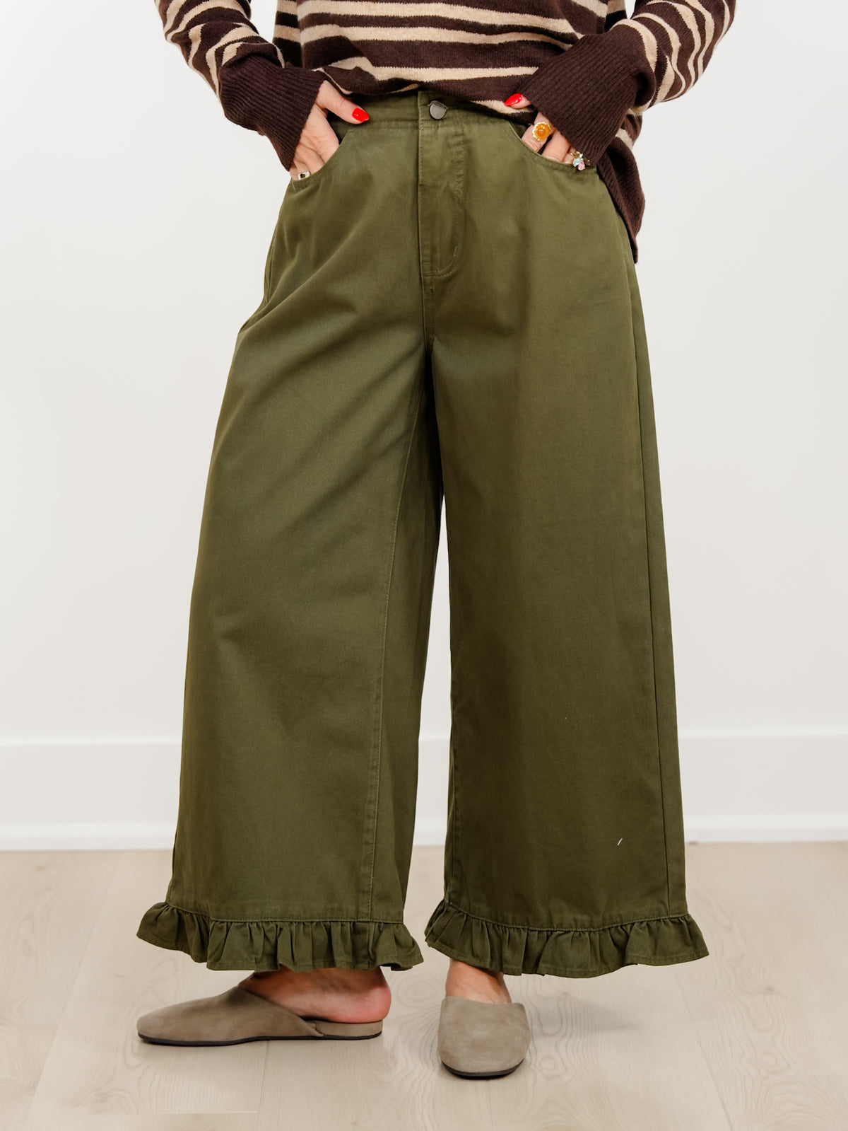 High Waist Wide Crop Leg Pants with Ruffle Hem
