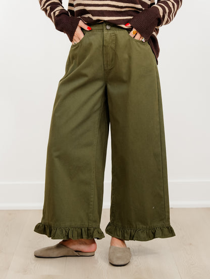 High Waist Wide Crop Leg Pants with Ruffle Hem