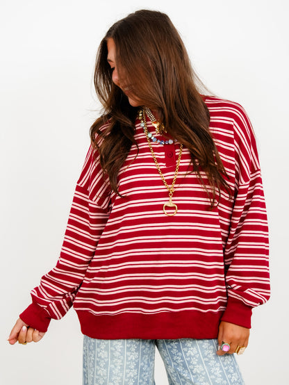 Maroon and Peach Striped Long Sleeve Henley Pullover Sweatshirt - Freckled Poppy