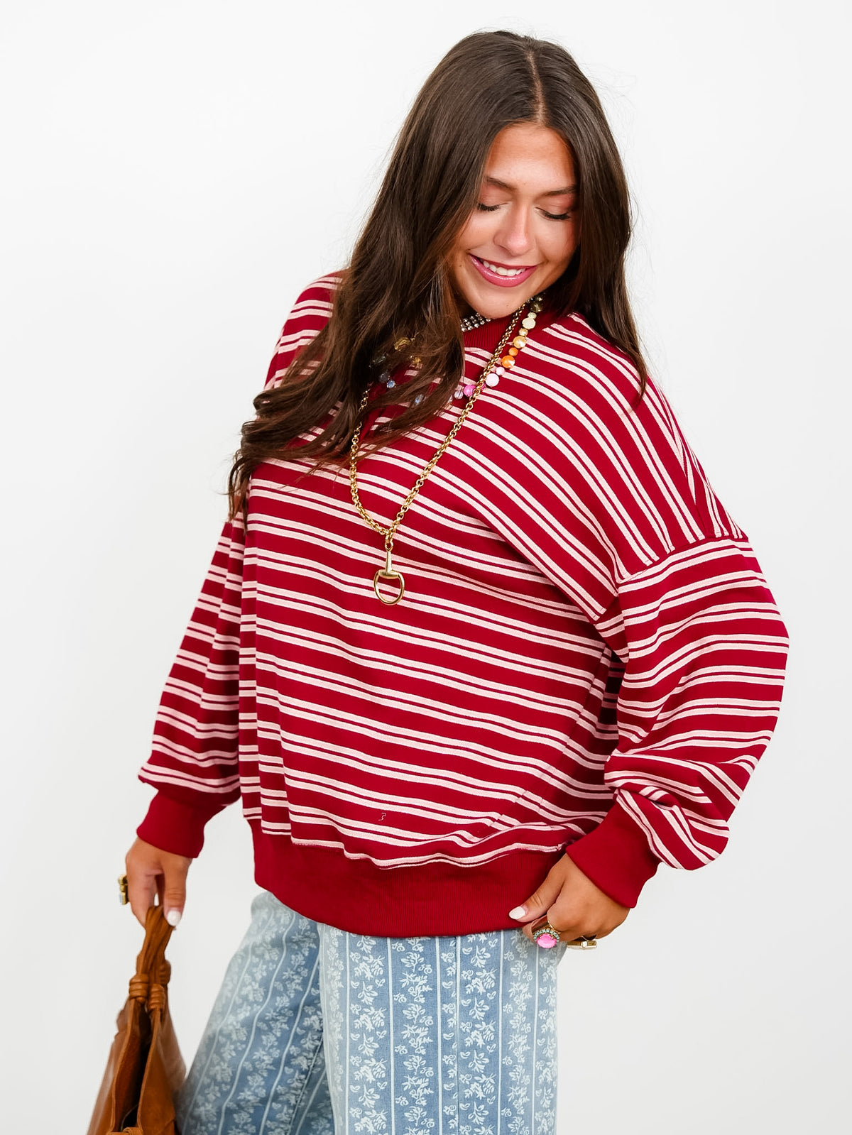 Maroon and Peach Striped Long Sleeve Henley Pullover Sweatshirt - Freckled Poppy