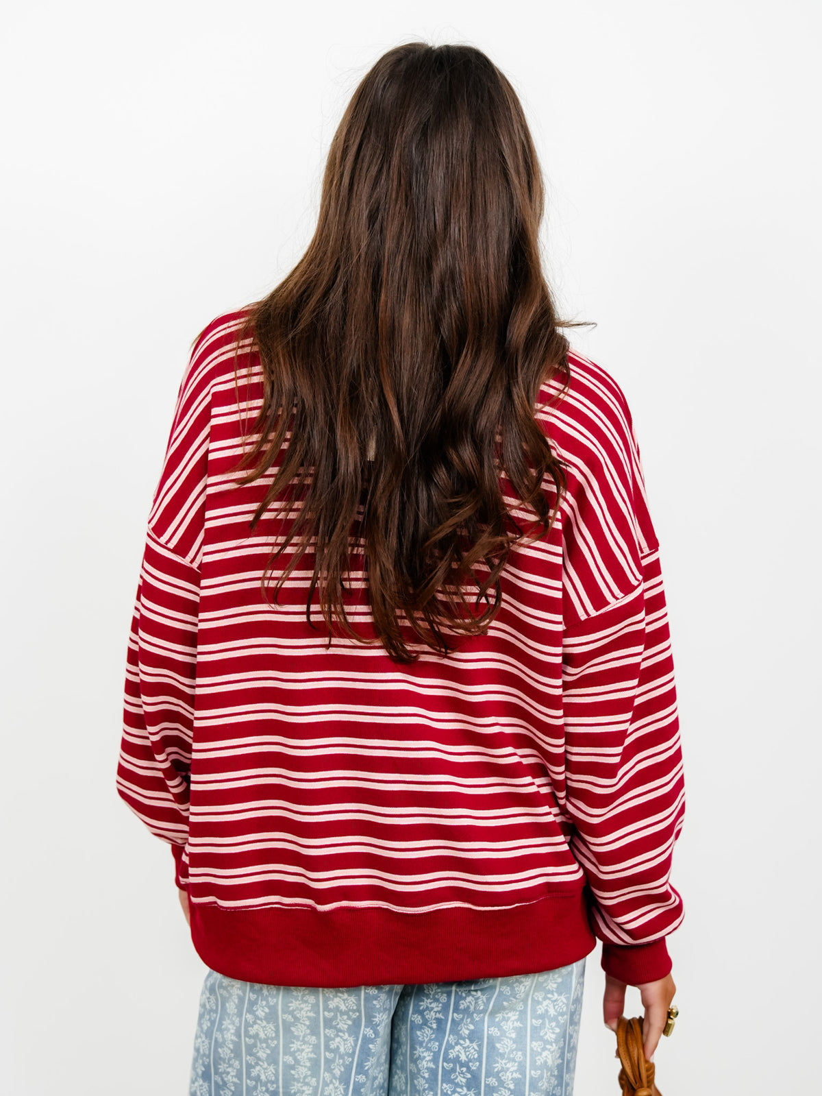 Maroon and Peach Striped Long Sleeve Henley Pullover Sweatshirt - Freckled Poppy