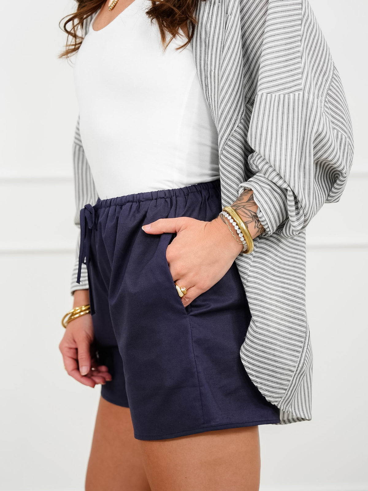 Linen Blend Elastic Waist Shorts with Side Pockets - Freckled Poppy
