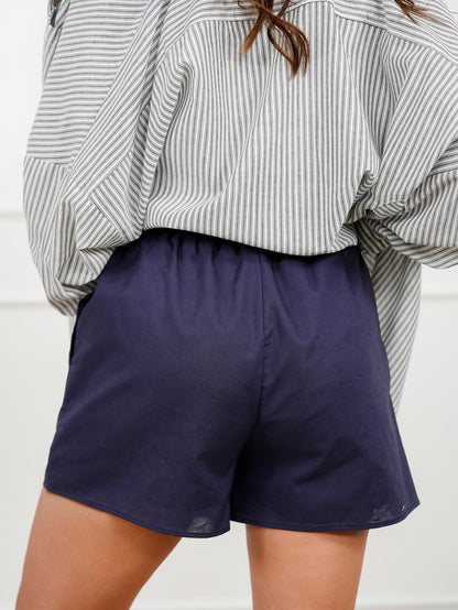 Linen Blend Elastic Waist Shorts with Side Pockets - Freckled Poppy
