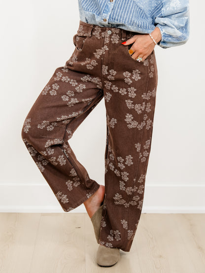 Floral Print High Waist Barrel Leg Jeans