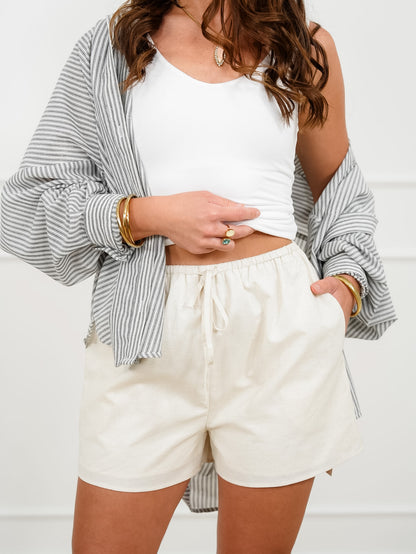 Linen Blend Elastic Waist Shorts with Side Pockets - Freckled Poppy