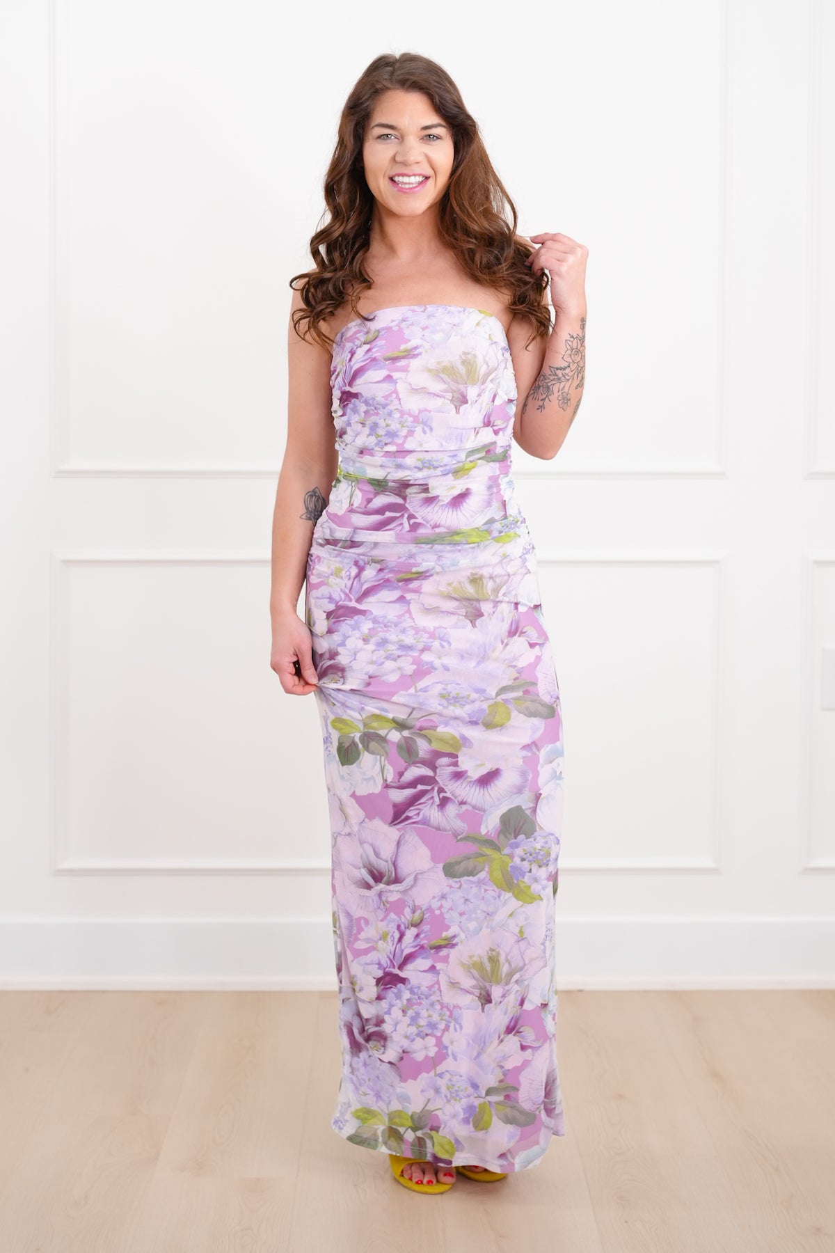 Lavender Floral Strapless Maxi Dress with Ruched Sides - Freckled Poppy