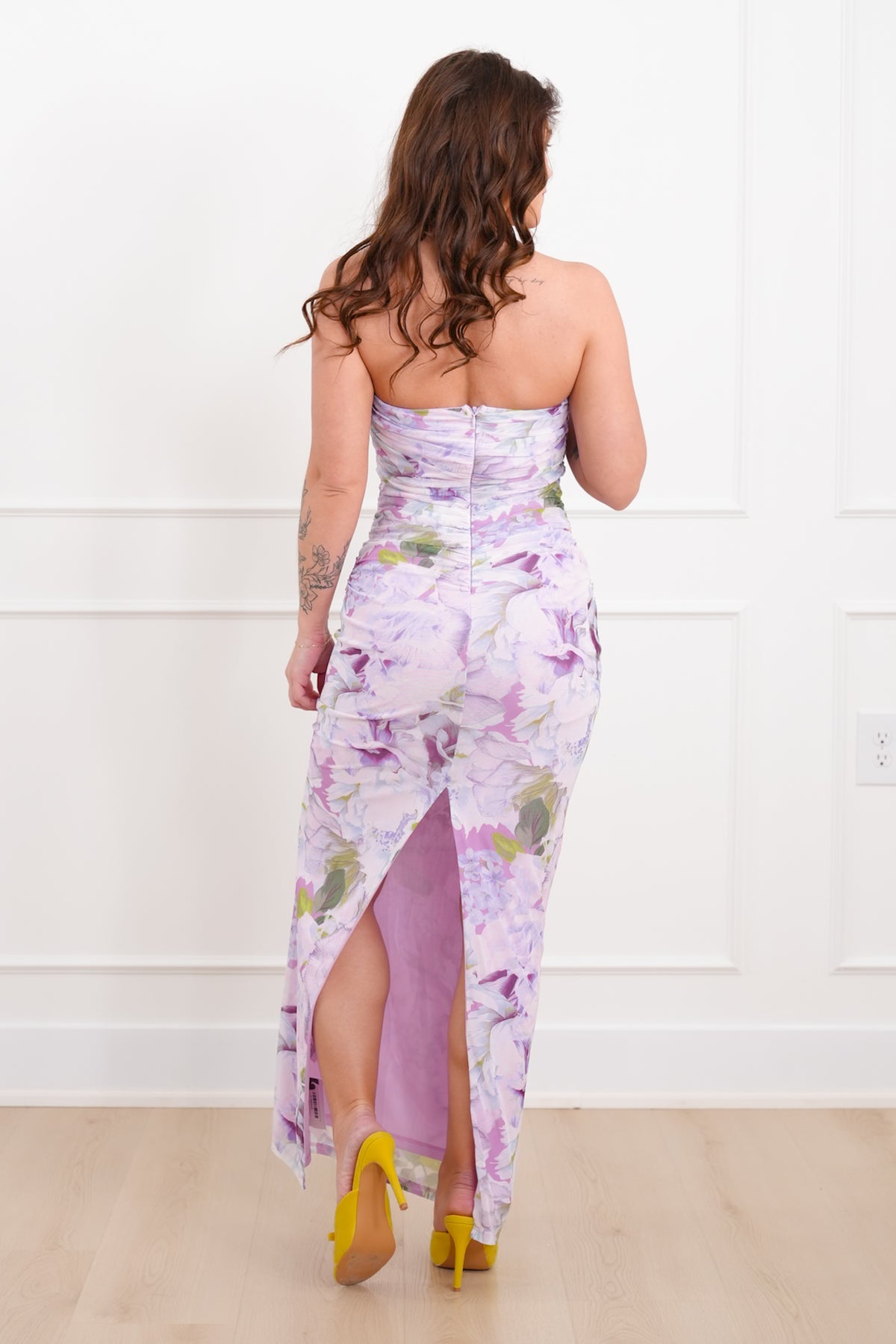 Lavender Floral Strapless Maxi Dress with Ruched Sides - Freckled Poppy