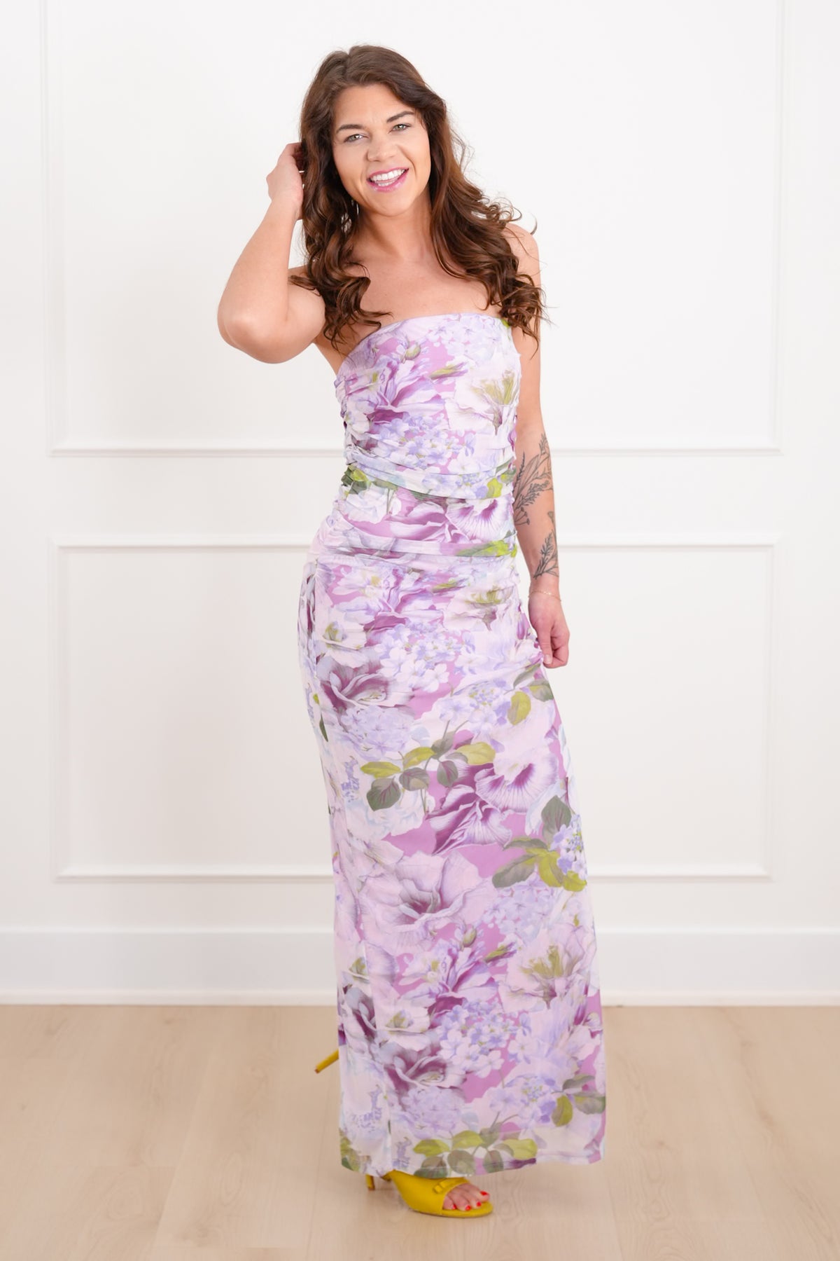 Lavender Floral Strapless Maxi Dress with Ruched Sides - Freckled Poppy