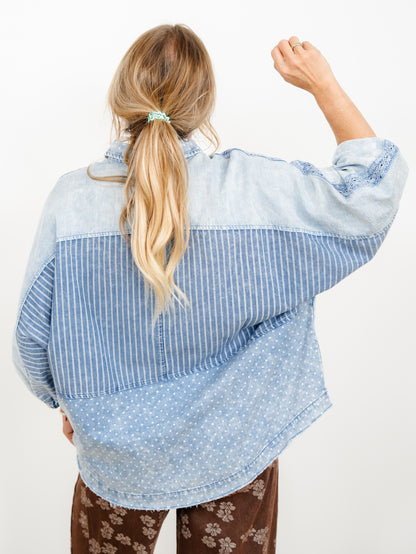 Plus/Reg Patchwork Long Dolman Sleeve Button Down Top