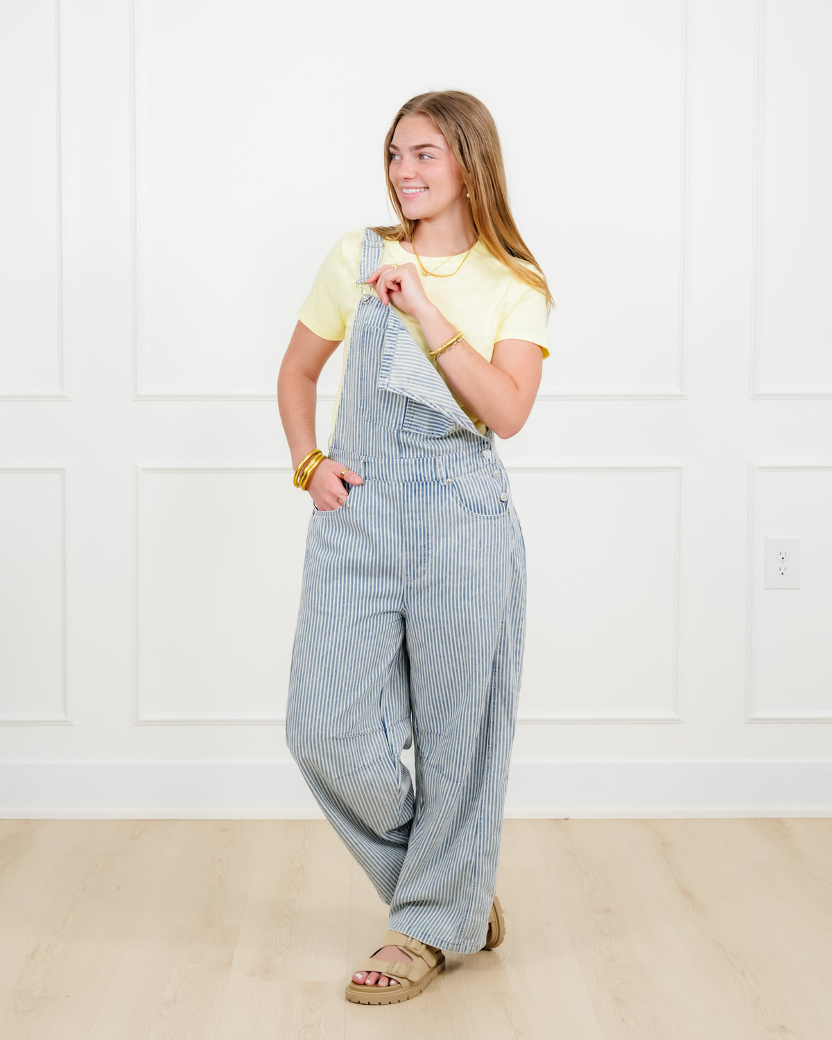 Plus/Reg Stripe Pattern Barrel Leg Overalls - Freckled Poppy