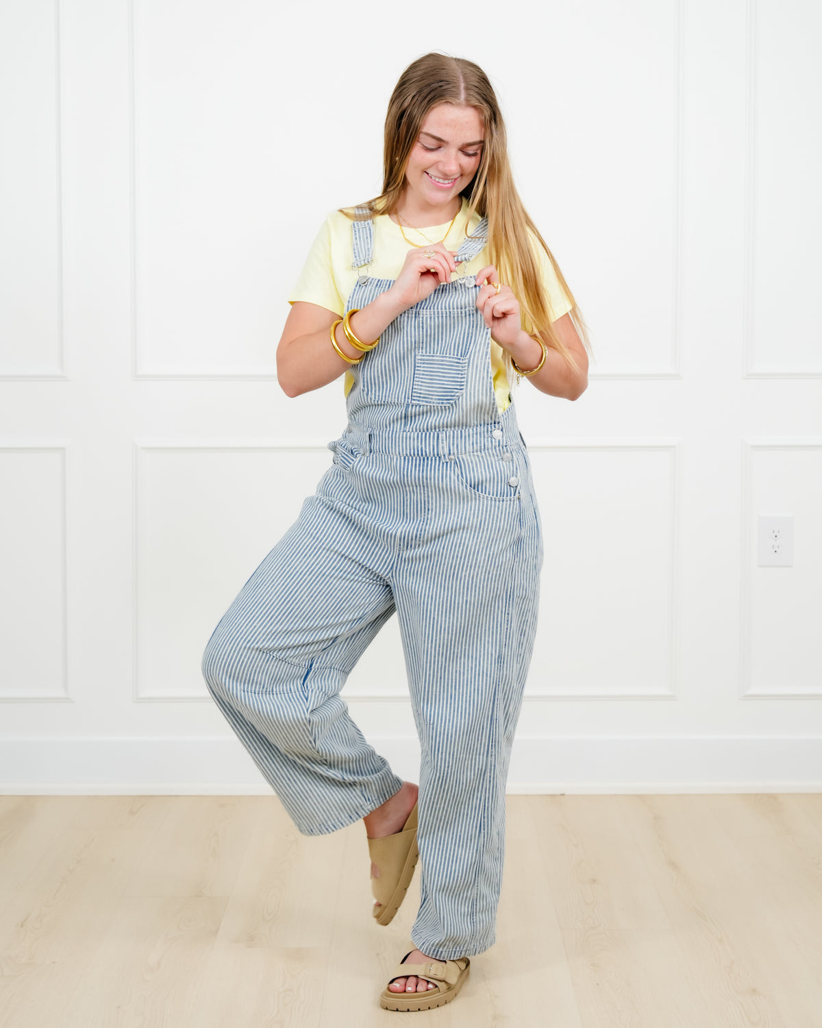 Plus/Reg Stripe Pattern Barrel Leg Overalls - Freckled Poppy