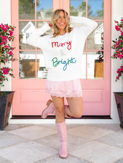 Long Sleeve Tinsel Merry & Bright Pullover Sweater