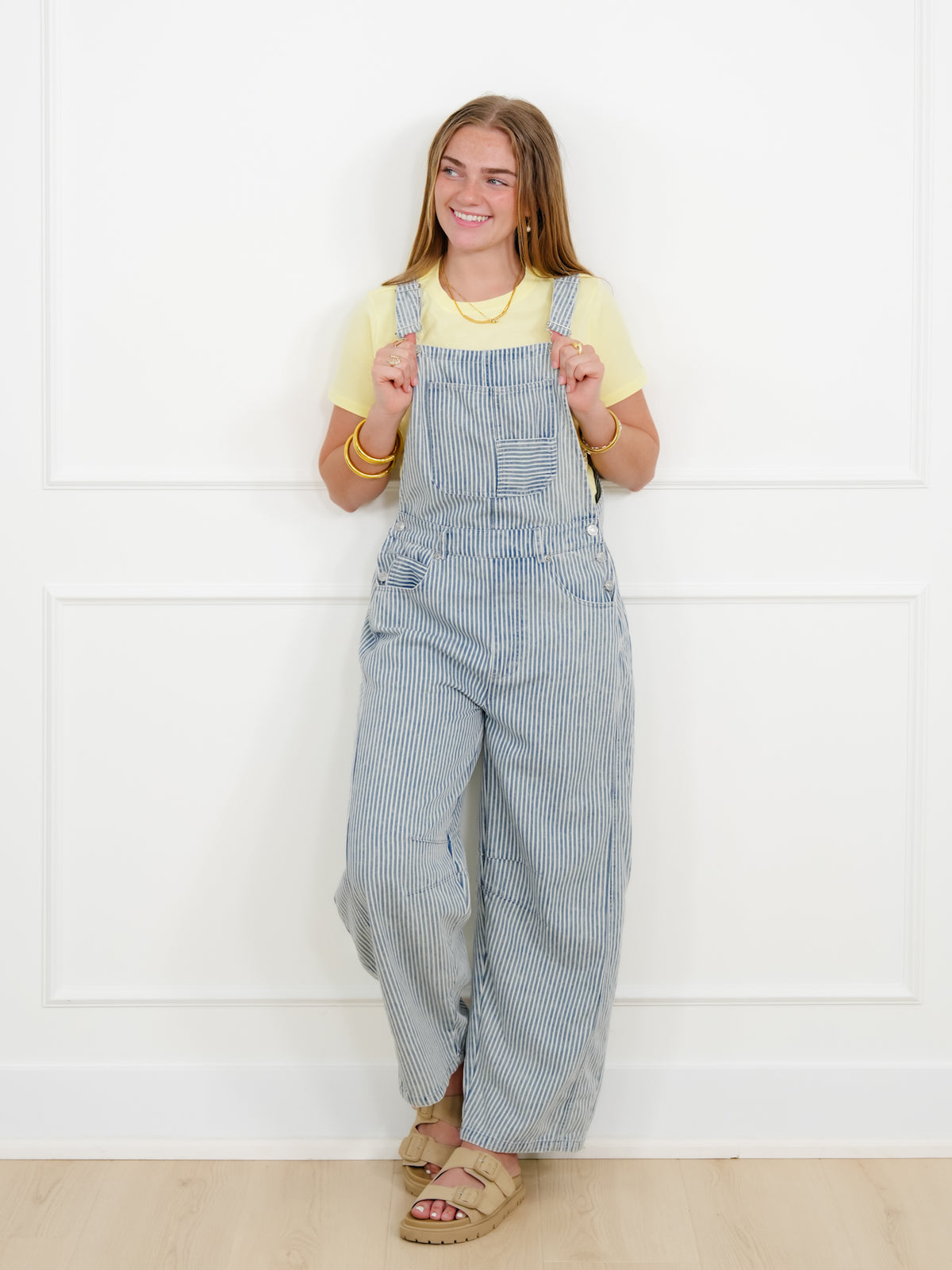 Plus/Reg Stripe Pattern Barrel Leg Overalls - Freckled Poppy