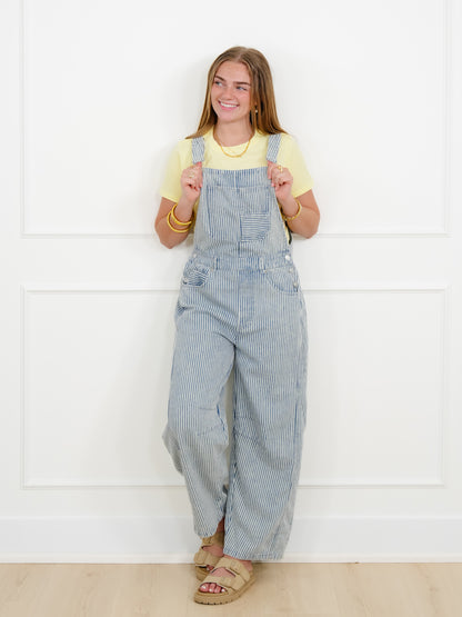 Plus/Reg Stripe Pattern Barrel Leg Overalls - Freckled Poppy