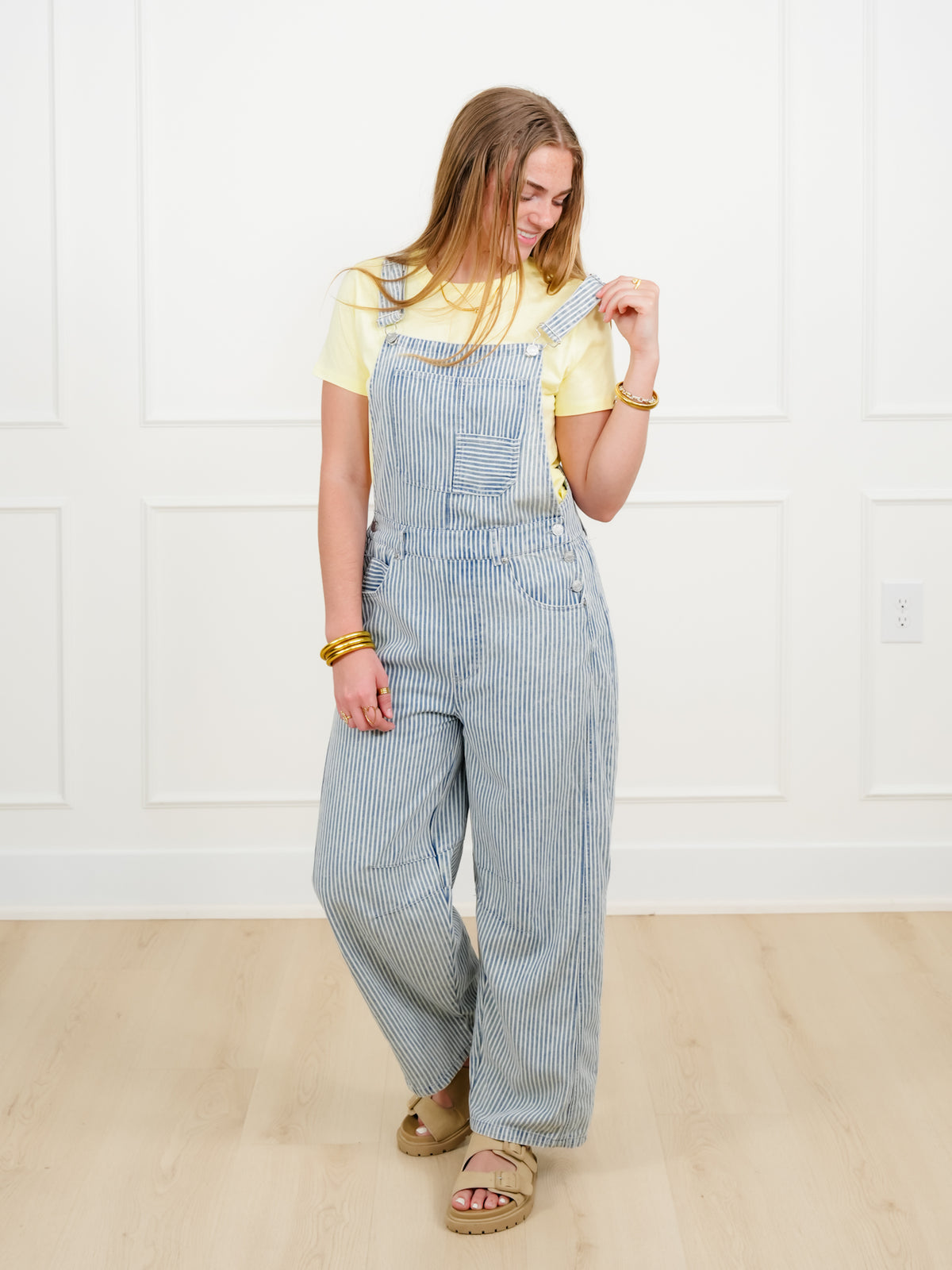 Plus/Reg Stripe Pattern Barrel Leg Overalls - Freckled Poppy