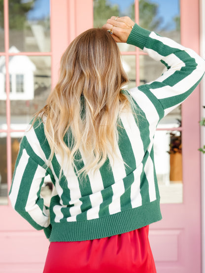 Stripe Button Down Cardigan with Christmas Truck Pockets