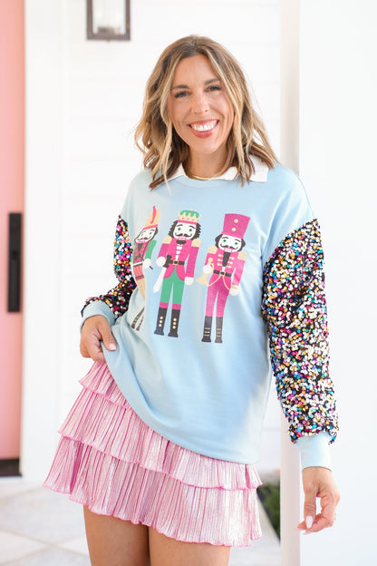 Plus/Reg Long Sequin Sleeve Nutcracker Sweatshirt - Freckled Poppy