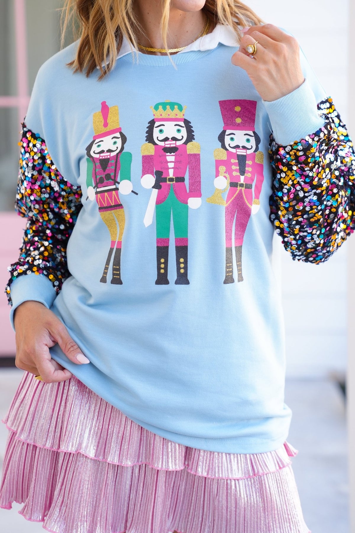 Plus/Reg Long Sequin Sleeve Nutcracker Sweatshirt - Freckled Poppy