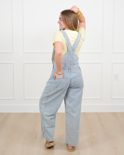 Plus/Reg Stripe Pattern Barrel Leg Overalls - Freckled Poppy