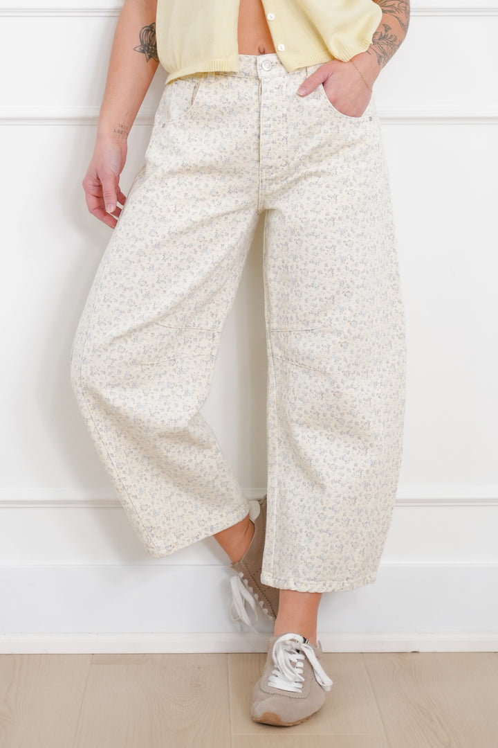 Plus/Reg Blue Floral Print Button Fly Barrel Pants - Freckled Poppy