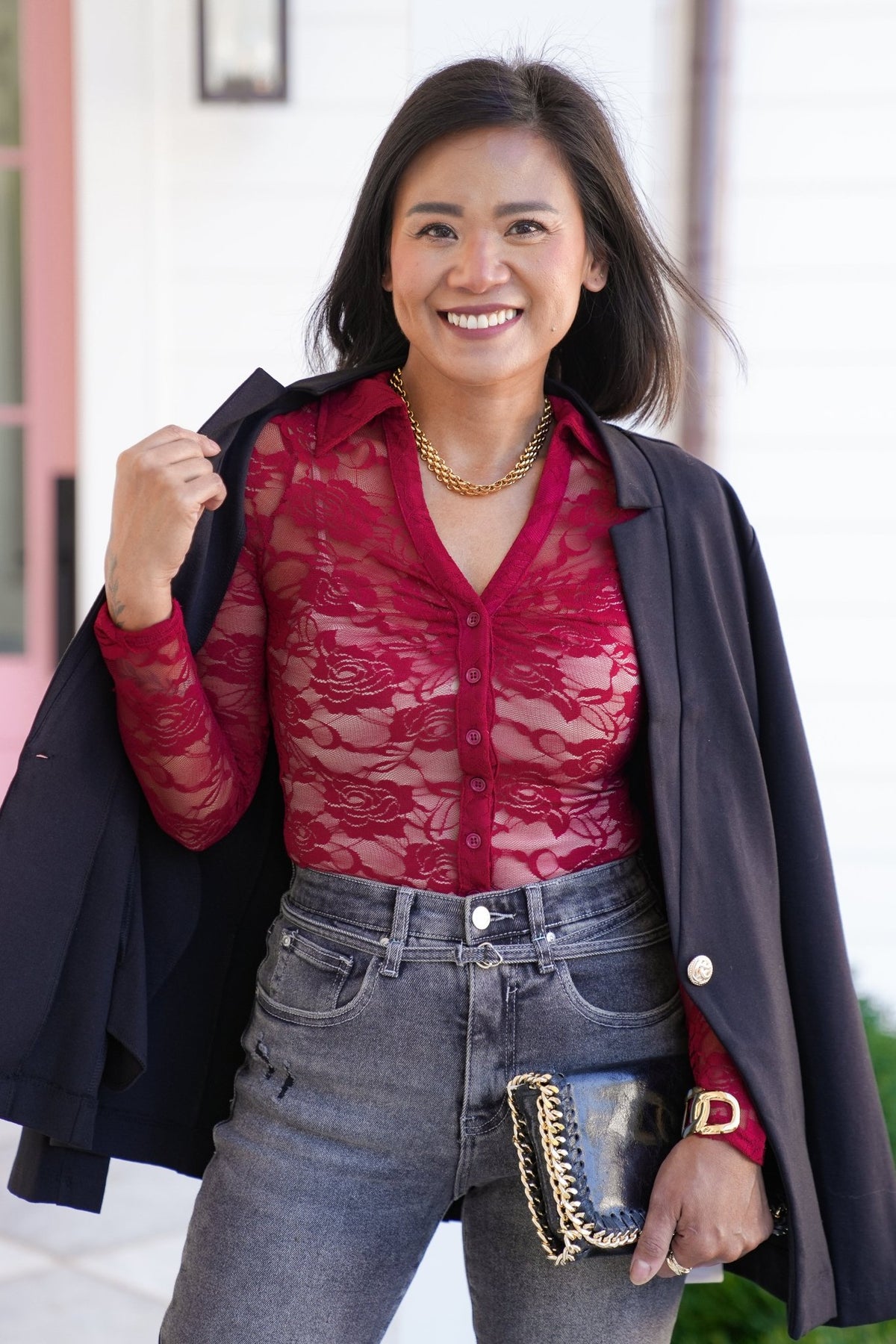 Lace Long Sleeve Button Up Mesh Top - Freckled Poppy