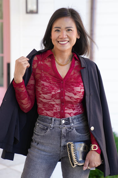 Lace Long Sleeve Button Up Mesh Top - Freckled Poppy