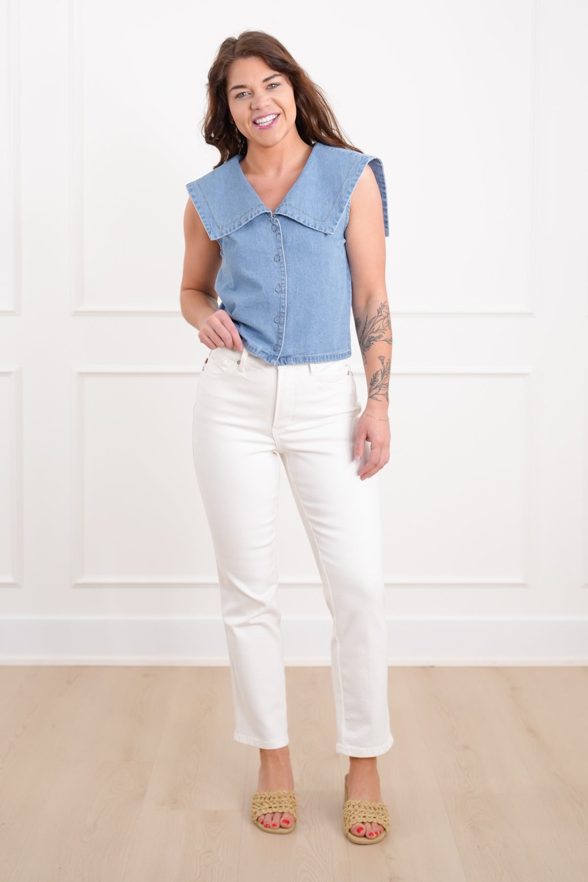 Plus/Reg Sleeveless Button Up Vest with Collar - Freckled Poppy