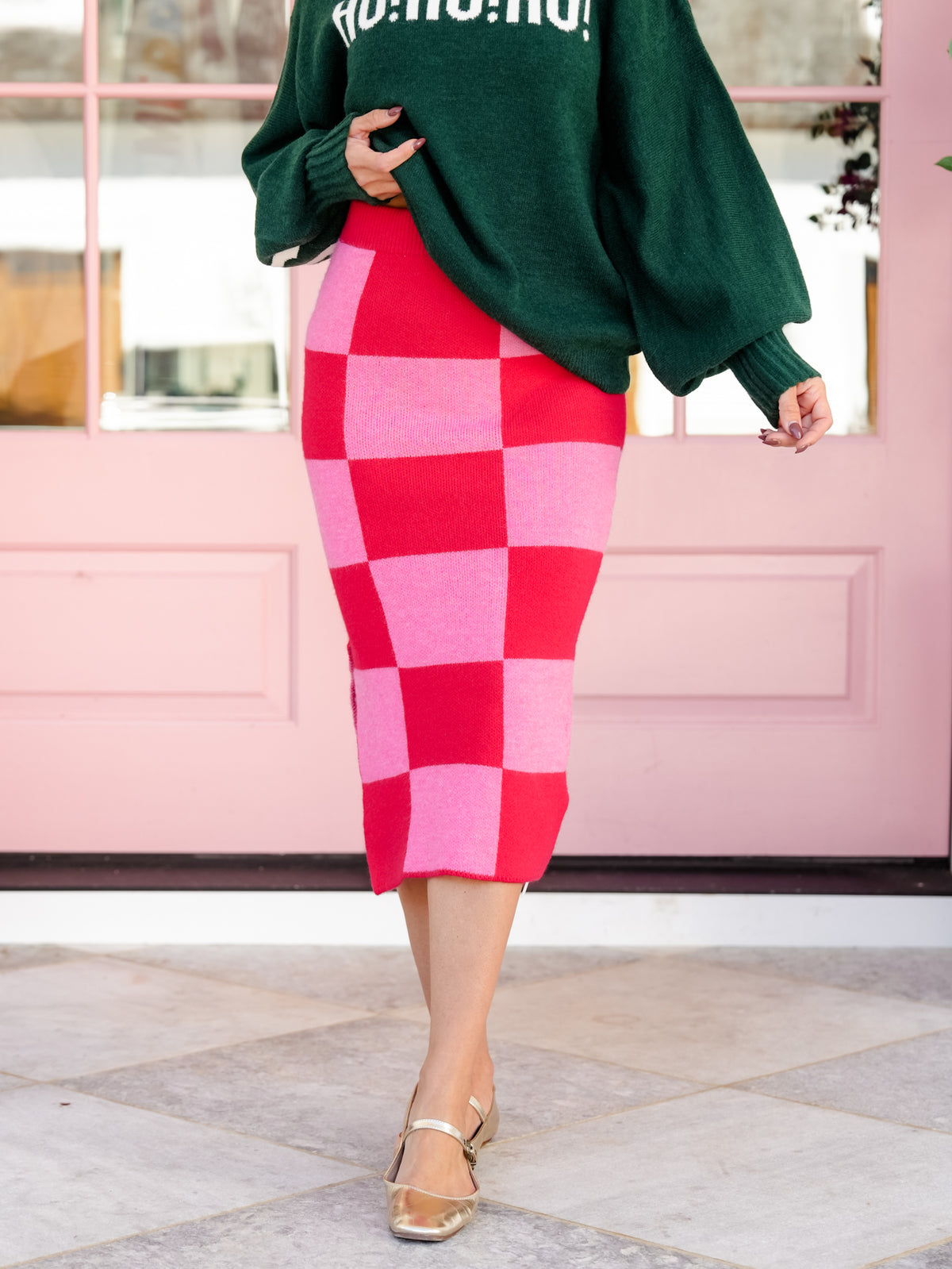 Plus/Reg Checkered Elastic Waist Pencil Sweater Skirt