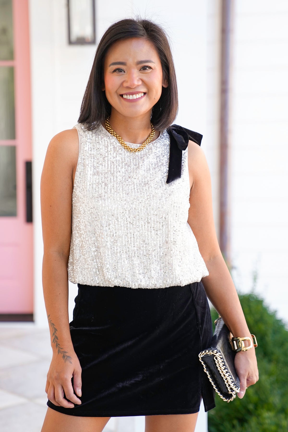 Sequin Sleeveless Top with Bow - Freckled Poppy