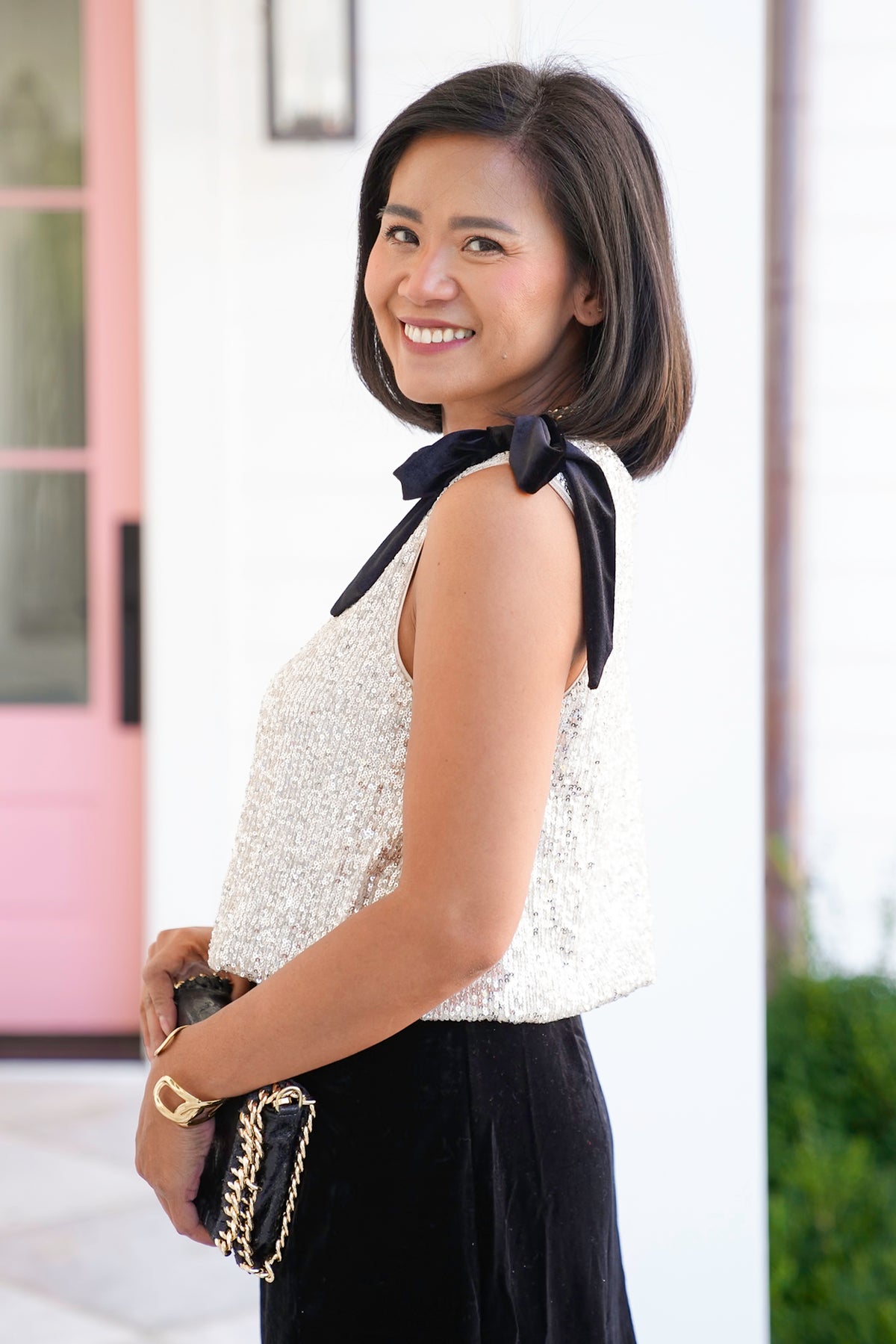 Sequin Sleeveless Top with Bow - Freckled Poppy