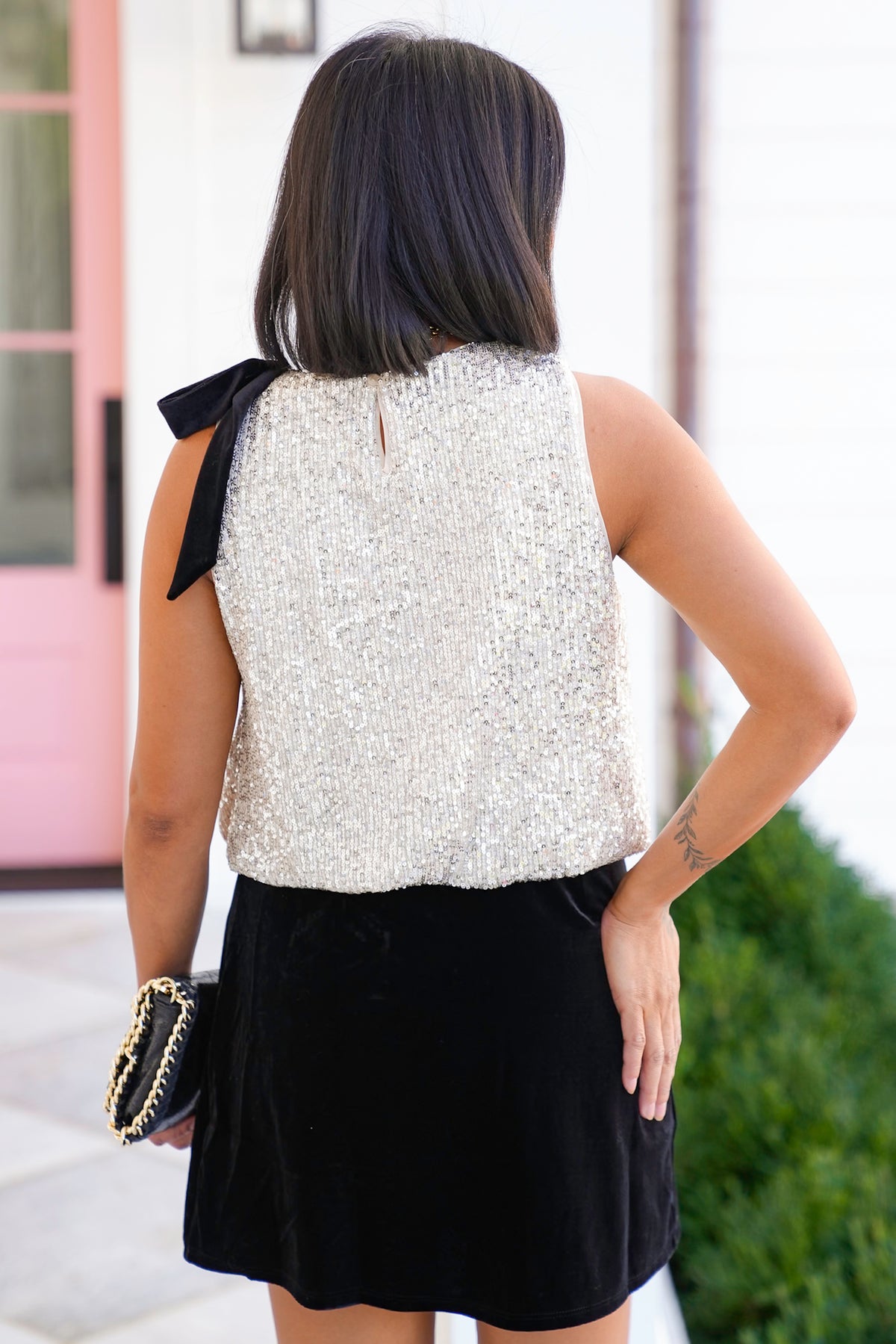 Sequin Sleeveless Top with Bow - Freckled Poppy