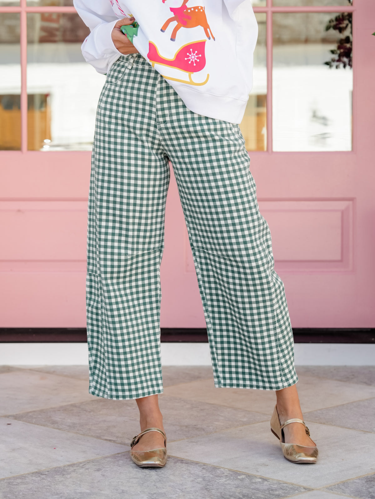 Hunter Green Gingham Print High Waist Barrel Pants