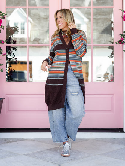 Plus/Reg Stripe Long Sleeve Button Down Long Cardigan - Freckled Poppy