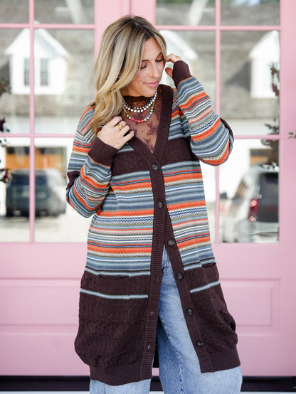 Plus/Reg Stripe Long Sleeve Button Down Long Cardigan - Freckled Poppy