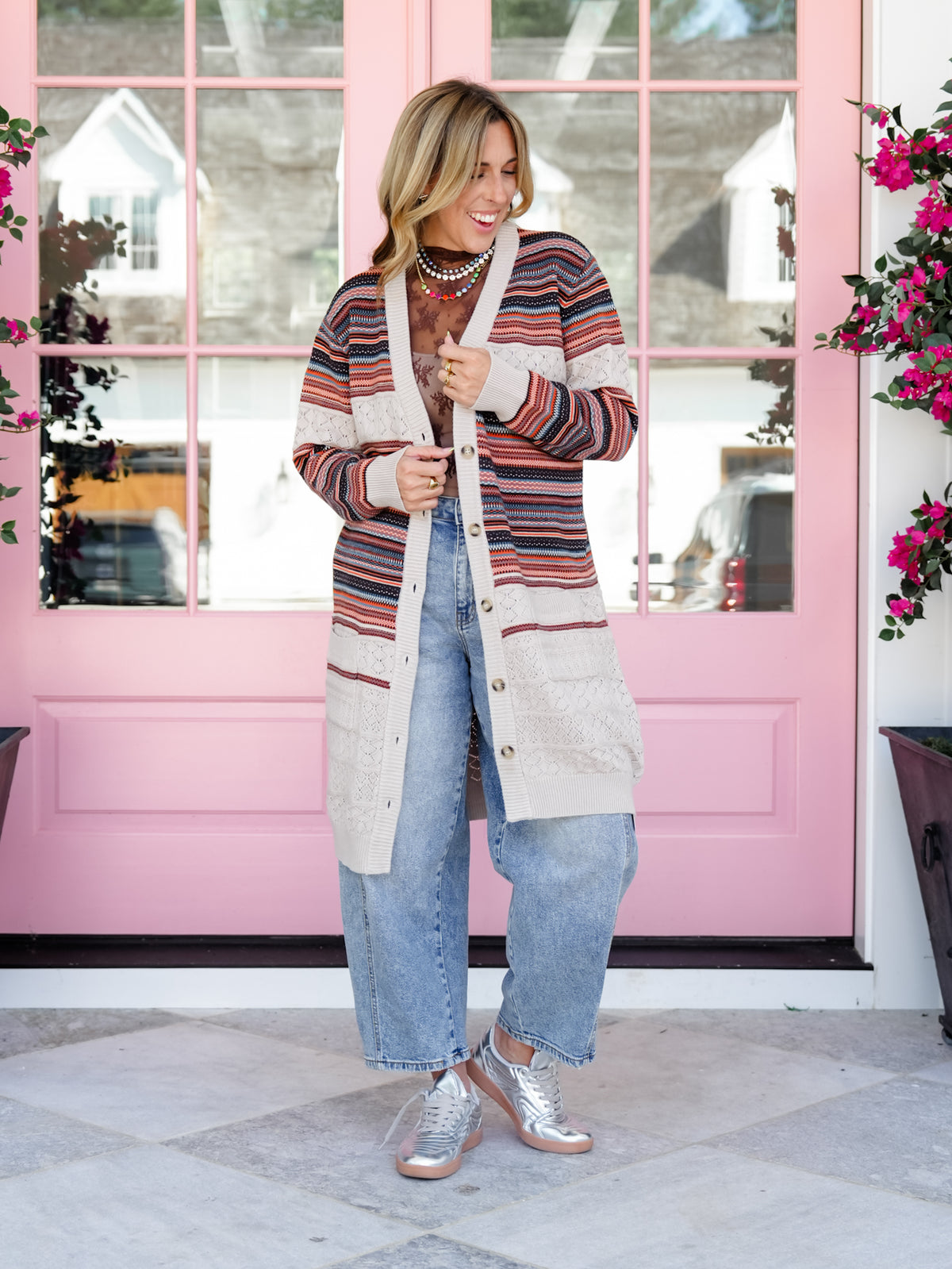 Plus/Reg Stripe Long Sleeve Button Down Long Cardigan - Freckled Poppy