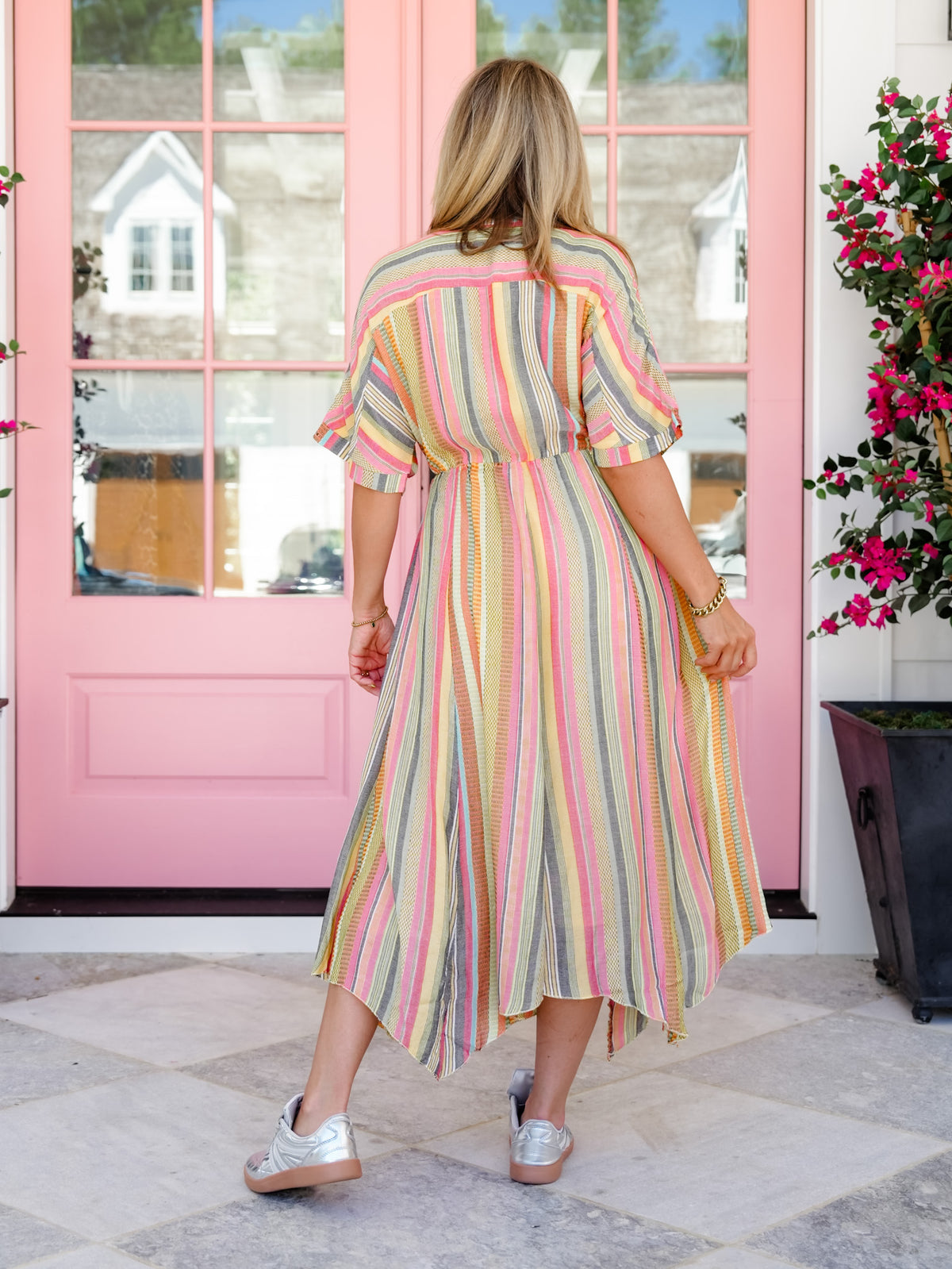 Multi Color Striped Half Sleeve V-Neck Midi Dress - Freckled Poppy