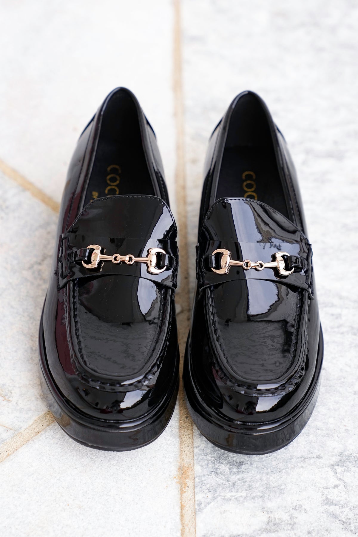 Glossy Chic Patent Platform Loafer with Gold Accent - Freckled Poppy