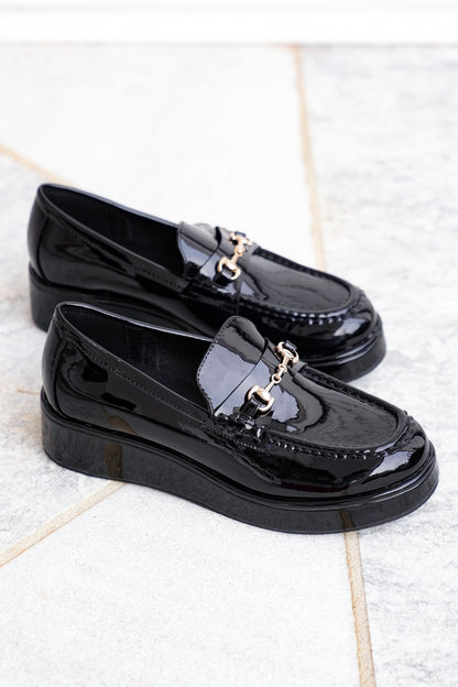 Glossy Chic Patent Platform Loafer with Gold Accent - Freckled Poppy